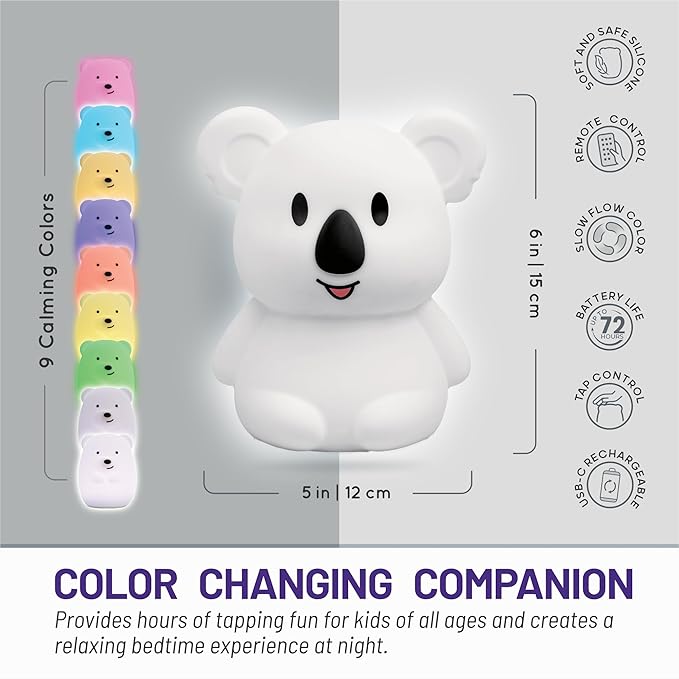 LumiPets Keith the Koala Squishy Night Light for Kids | Silicone Lamp with Tap & Remote Control | Rechargeable, 9 Color Changing Animal Night Light for Boys & Girls | Portable Nightlight With USB Cord
