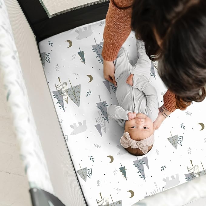 Pack n Play Sheets, BROLEX 2 Pack Mini Crib Sheets,Stretchy Portable Fitted Playard Sheet Set, Convertible Playard Mattress Cover,Ultra Soft Breathable Material,Snowy Forest