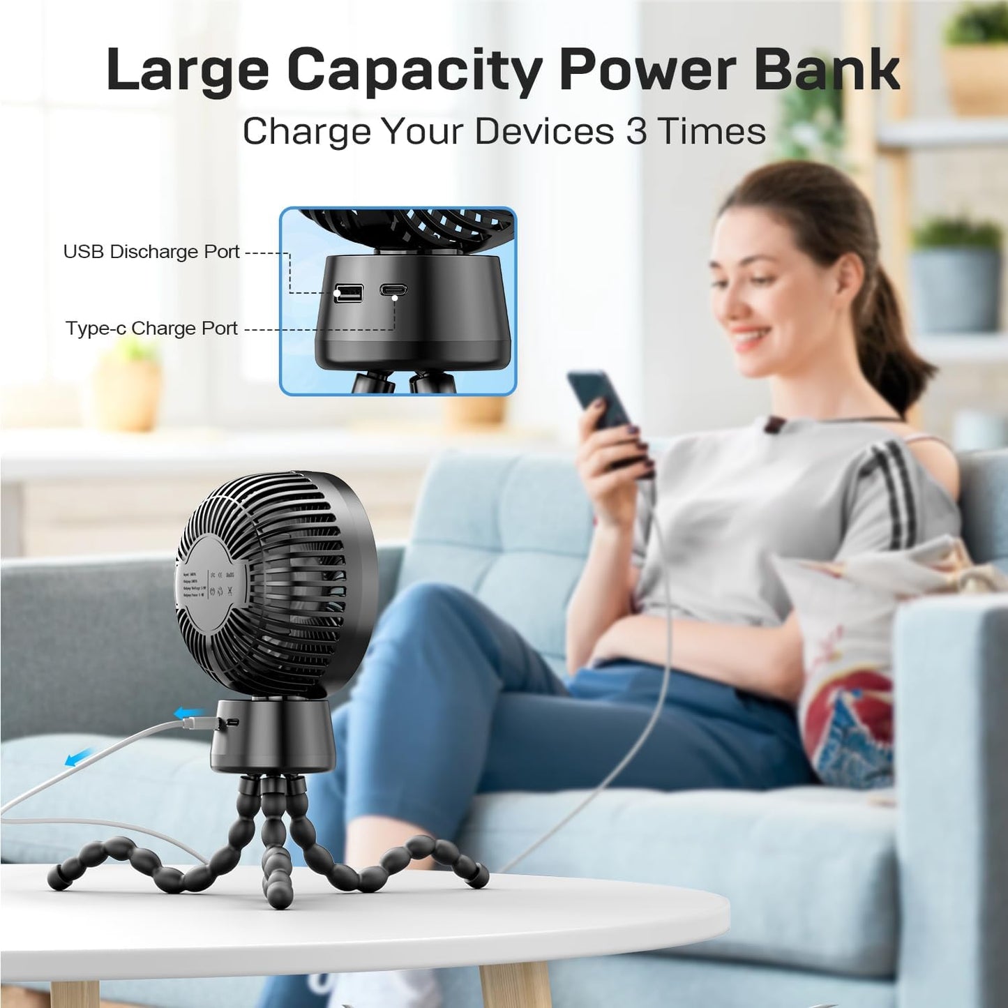 20000mAh Portable Stroller Fan, 120° Auto Oscillation, 3-IN-1 with Power Bank LED Light Detachable Flexible Tripod Rechargeable Battery Powered Clip On Fans Desk for Baby Crib Car Seat Travel