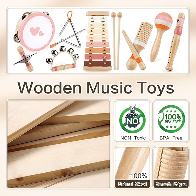 Musical Instruments for Girls - Toys for 2 3 Year Old Girl Birthday Gifts - 8 in 1 Wooden Montessori Musical Set with Xylophone/Tambourine/Maracas/Flute for Toddler 2-4(Pink)
