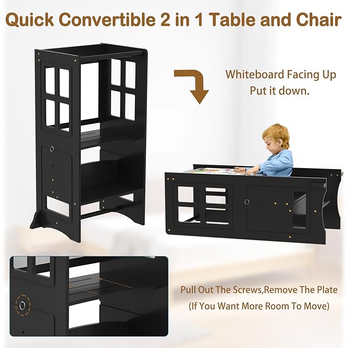 4 in 1 Kitchen Step Stool Helper for Toddlers, Adjustable-Height Toddler Learning Standing Tower with Double-Sided Whiteboard, Non-Skid Feet Kids Step Stools for Kitchen Counter Bathroom Sink