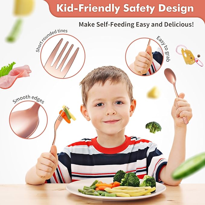 DRKIO Stainless Steel Toddler Utensils Set - 12 Pieces Kids Silverware Set Children Safe Food Grade Small Forks and Spoons Dishwasher Safe Mirror Polished