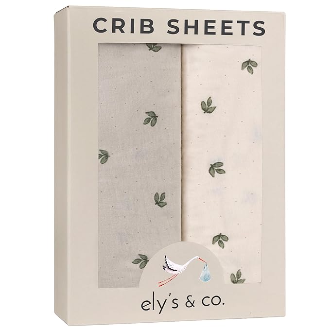Ely’s & Co. Crib Sheets Baby Girl/Boy Fitted Crib Mattress Sheet Set, 2 Pack, 100% Jersey Knit Cotton, Infant and Toddler Nursery Bedding, Neutral Taupe and Cream with Sage Vintage Print, 28” x 52”