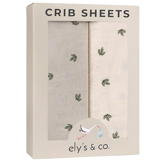 Ely’s & Co. Crib Sheets Baby Girl/Boy Fitted Crib Mattress Sheet Set, 2 Pack, 100% Jersey Knit Cotton, Infant and Toddler Nursery Bedding, Neutral Taupe and Cream with Sage Vintage Print, 28” x 52”