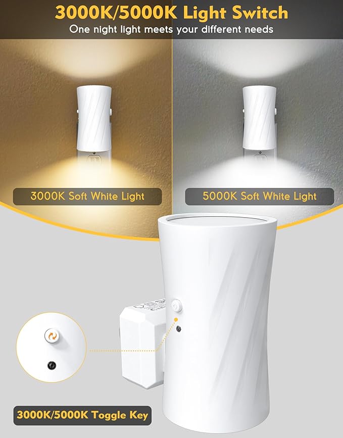 Night Lights Plug into Wall, LED Plug in Night Light, 3000K/5000K Switch, Dusk to Dawn Light Sensor, 0-100LM Adjustable Brightness Wall Light, Modern Night Light for Hallway Bedroom Stairway, 2 Pack
