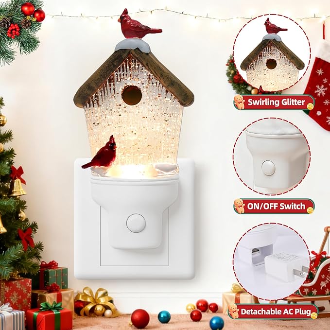 Christmas Night Light Plug into Wall Swirling Glitter USB Portable Christmas Decorative Night Light Decoration for Kids Adults Bedroom Kitchen Living Room Holiday Decor (Bird House)