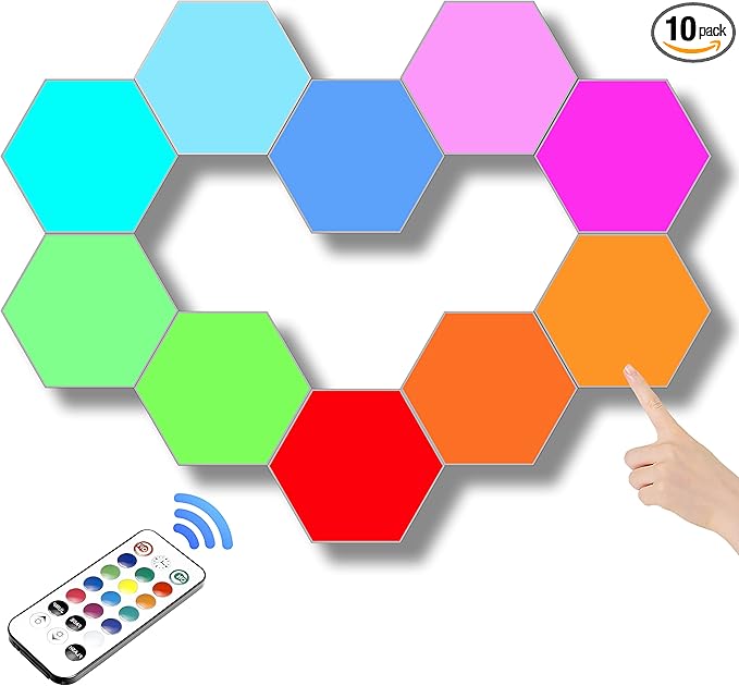 ODISTAR Remote Control Hexagon Wall Light,Smart Wall-Mounted Touch-Sensitive DIY Geometric Modular Assembled RGB led Colorful Light with USB-Power,Used in Bedroom (10-Pack)