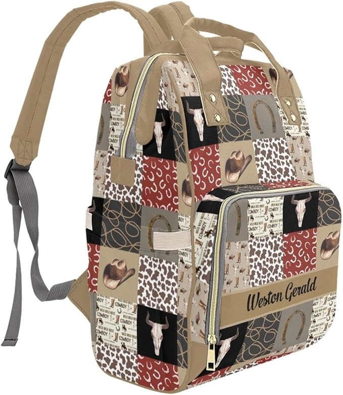 Custom Western Cowboy Baby Diaper Bag with Name – Personalized Nursing Travel Tote Backpack for Mom or Dad, Custom Name Baby Daypack Gift