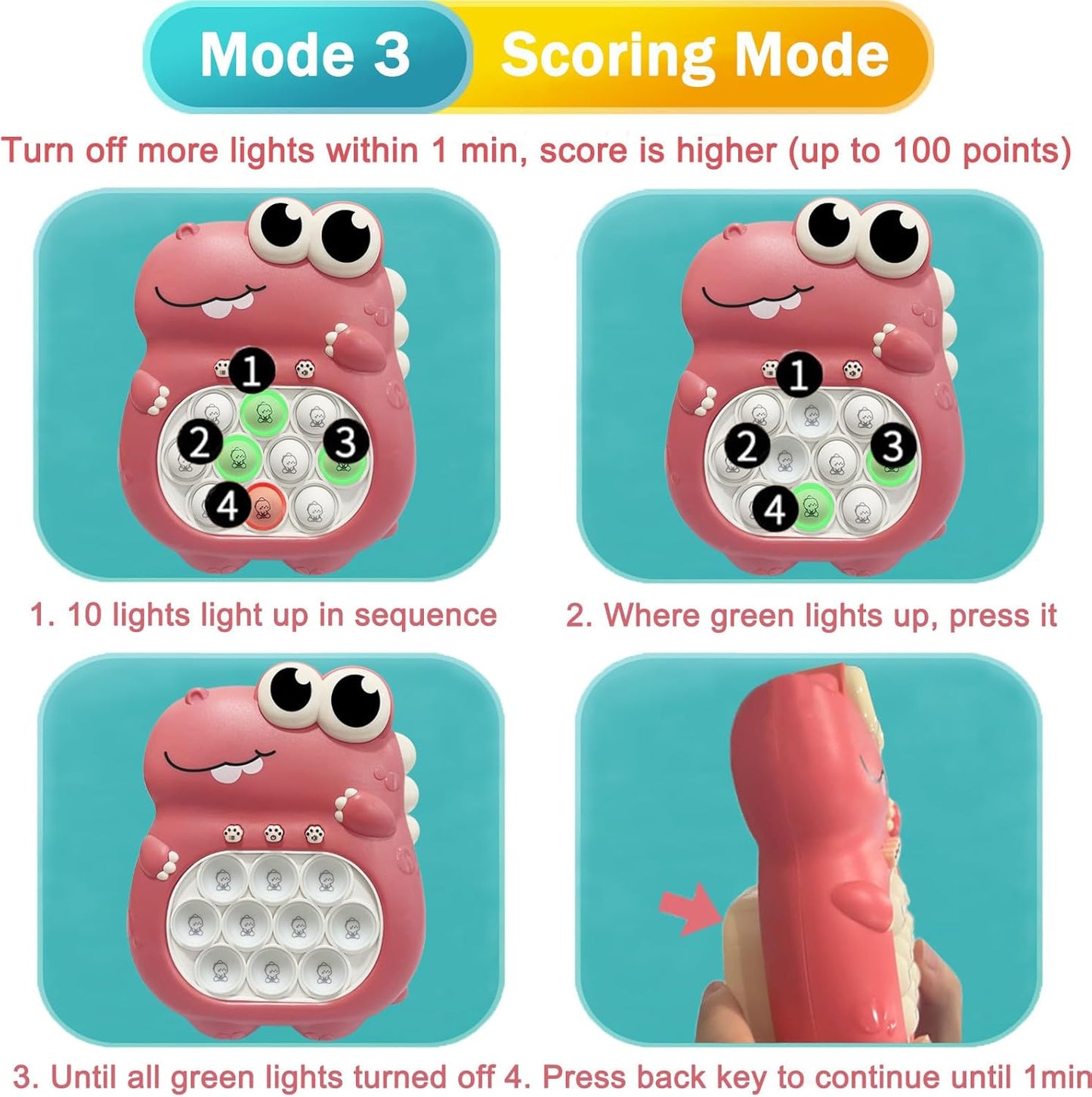 Pop Quick Push Game Light Up Fidget Toys Handheld Puzzle Press Popping Game Console for Kids Ages 3+ Adult Pink Dinosaur