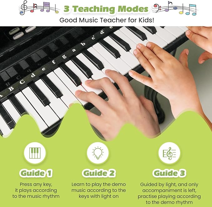 HONEY JOY Classical Kids Mini Grand Piano w/ Music Stand & Stool, Portable Electronic Piano Educational Musical Instrument Toy w/ Microphone, Lights, Gift for Kids (Black, 37 Keys)