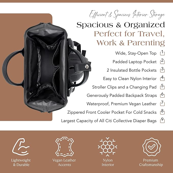 Citi Collective Explorer Black Diaper Bag Backpack - Vegan Leather Diaper Bag with Shoulder Strap, Insulated Bottle Pockets, Changing Pad, Stroller Clip- Versatile Diaper Bag for Baby