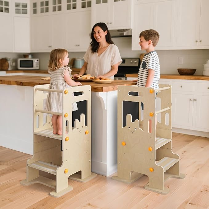 Kids Kitchen Step Stool - Learning Standing Tower with Blackboard, Height Adjustable Safety Rail Stool for Kids, Non-Slip Adjustable Stool for Kitchen, Bathroom