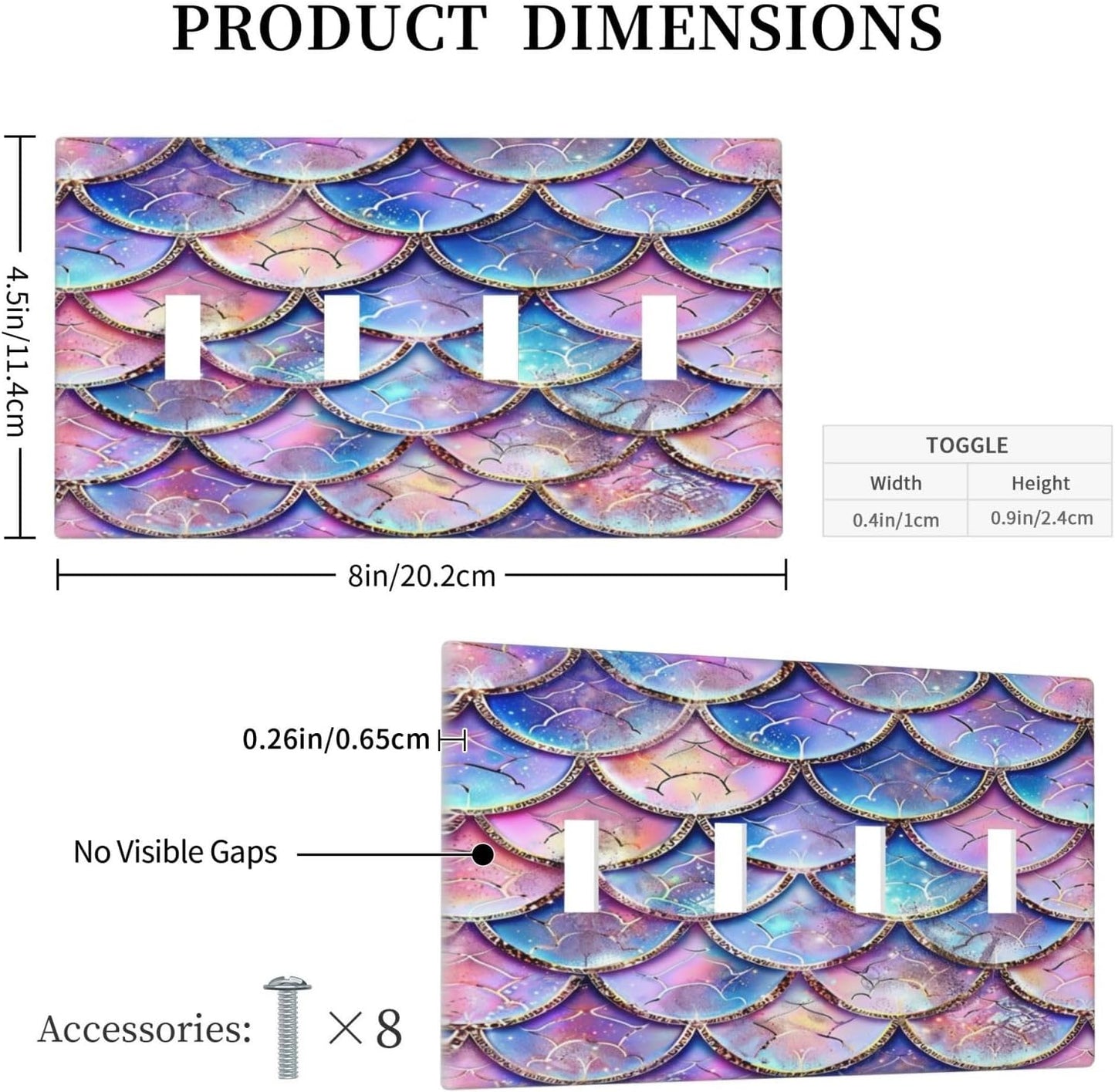 Decorative Switch Covers Plate Cute Pink Purple Mermaid Scales 4 Gang Artistic Wall Plate Unique Quad Toggle Light Switch Plate Jumbo Faceplate for Girlroom Bedroom Home Decor