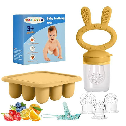 WAJIAYON Baby Breastmilk Popsicle Molds & Baby Fruit Feeder (2 Pack), Baby Food Freezer Tray Storage Containers, Silicone Teething Pacifier Feeder and Teether for Babies,Baby Feeder - Yellow