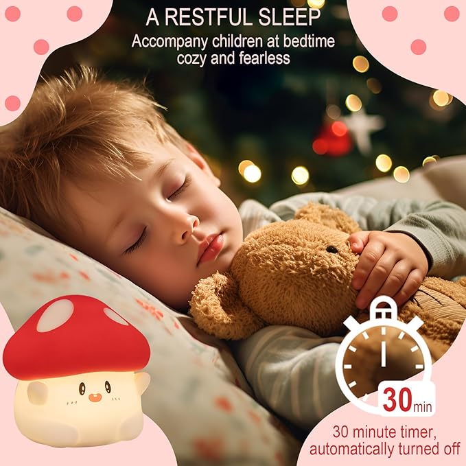 Mushroom Night Light, Cute Hug Mushroom Decor Lamp, Led Squishy Soft Silicone Night Lamp, Dimmable Rechargeable Portable Touch Nightlight for Kids Sleep, Nursery Room Cute Christmas Gifts