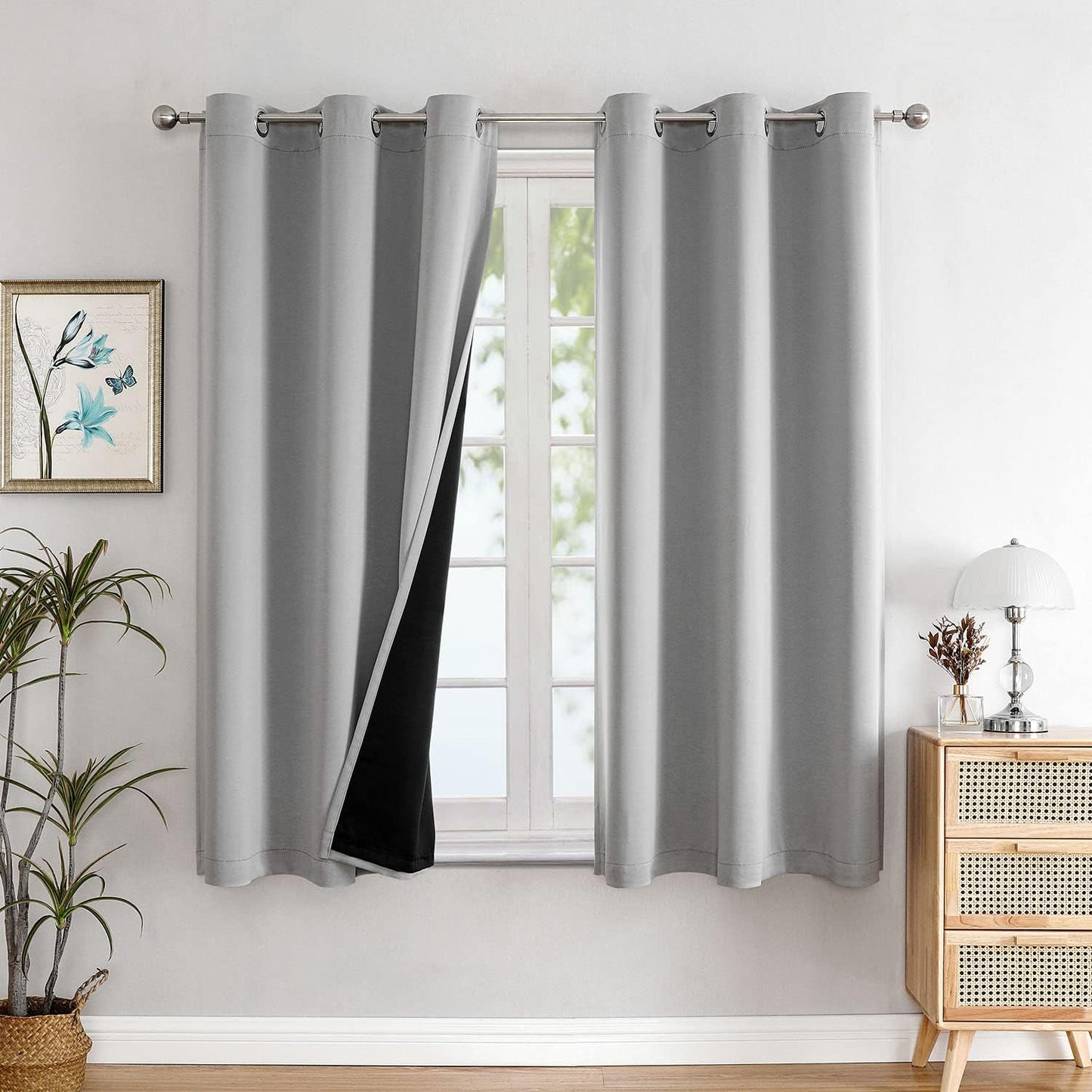 ChrisDowa 100% Blackout Curtains for Bedroom with Black Liner, 2 Thick Layers Total Blackout Thermal Insulated Grommet Small Window Curtains 54 Inch Length 2 Panels Set (Light Grey, 42 x 54 Inch)