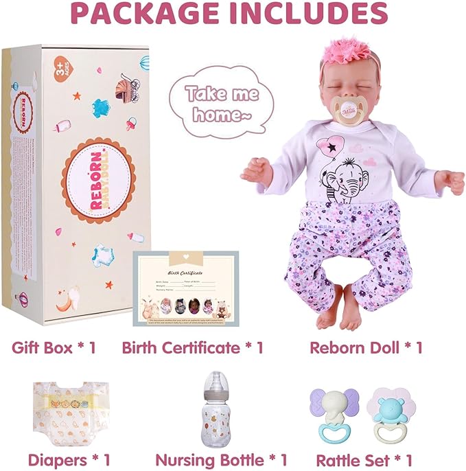 JIZHI Lifelike Reborn Baby Dolls Girl, 17 Inch Real Baby Doll Soft Body Realistic Newborn Vinyl Silicone Baby Doll Full Body Poseable Real Life Baby Dolls with Feeding Kit Gift Box for Kids Age 3+
