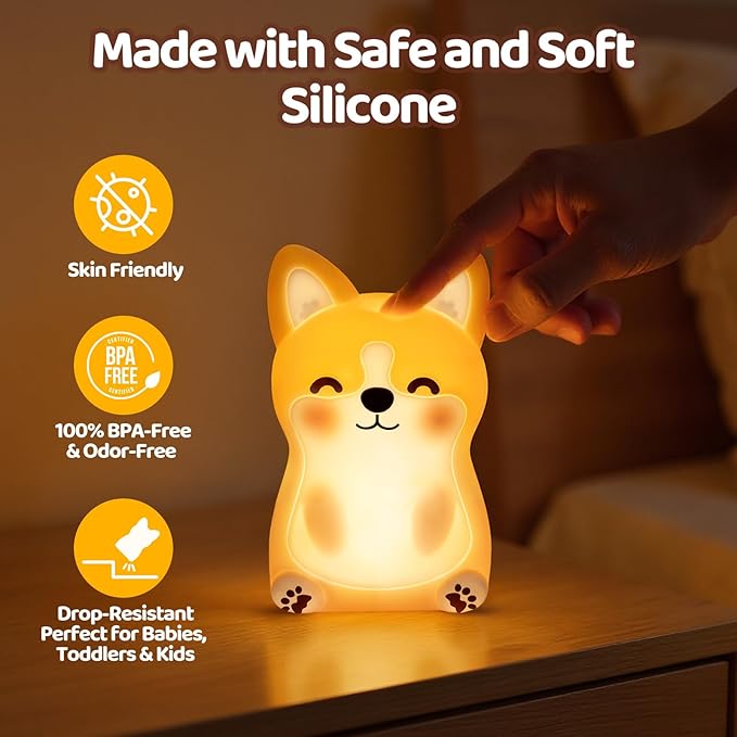 Mewaii Huggwaii Corgi Dog Night Light for Kids, 3 Brightness Levels Silicone Nursery Dog Lamp, 30 Min Timer&Rechargeable Cute Puppy Kids Night Light for Bedroom,Corgi Gifts for Boys,Baby Room Decor