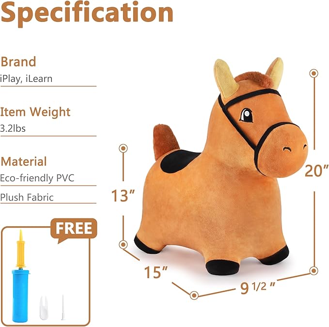 iPlay, iLearn Bouncy Pals Brown Hopping Horse, Toddler Plush Animal Hopper Toy, Kids Inflatable Ride on Bouncer W/Pump, Indoor Outdoor Jumper, Birthday Gifts for 18 24 Months 2 3 Year Old Boys Girls