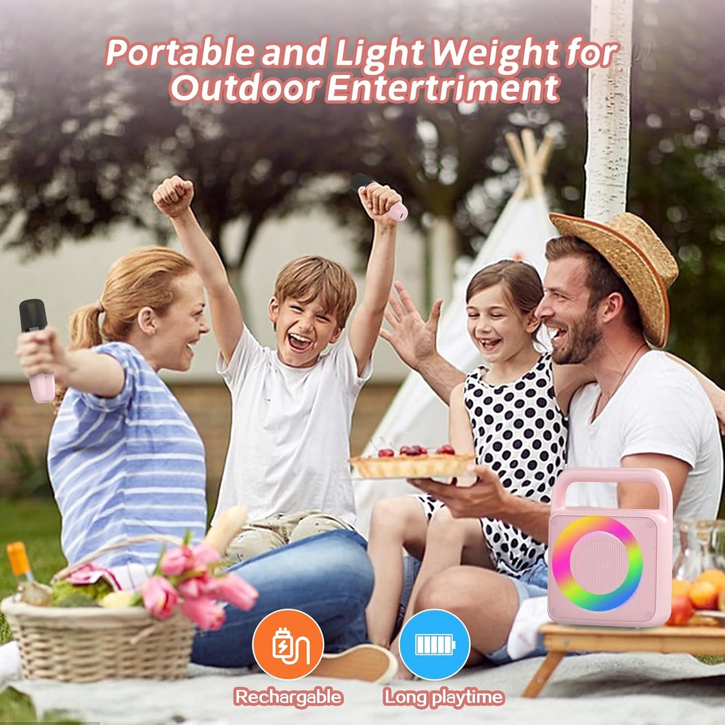 Karoke Machine with 2 Wireless Mics,Portable Karaoke Microphone Toys with Colorful Lights and Magic Voices for Camping Party, Birthday Gift for Boys Girls Teenages Adults