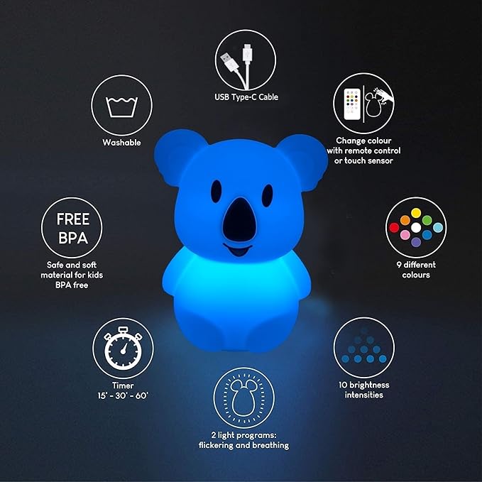 Koala Night Light for Kids Silicone Bedside Bedroom Lighting, Baby Nursery Light Sleeping NightLights, Color Changing Lamps - Eye Caring, Adjustable Brightness & Color, Time Setting - Medium