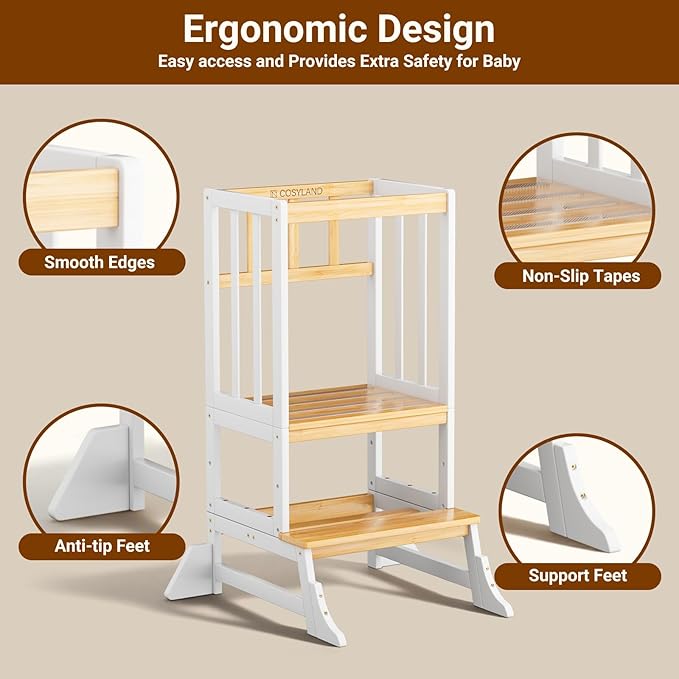 COSYLAND Kitchen Tower for Toddlers with Anti-Tip Support – Lightweight Toddler Kitchen Stool Helper for Bathroom Living Room Dining Room – Solid Bamboo Standing Tower (Natural & White)