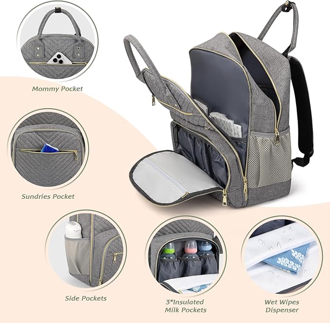 Diaper Bag Backpack,Baby Essentials Diapers Bag with Pacifier Case,Multipurpose Stylish Large Capacity Travel Backpack for Baby Girl/Boy(L-Grey)