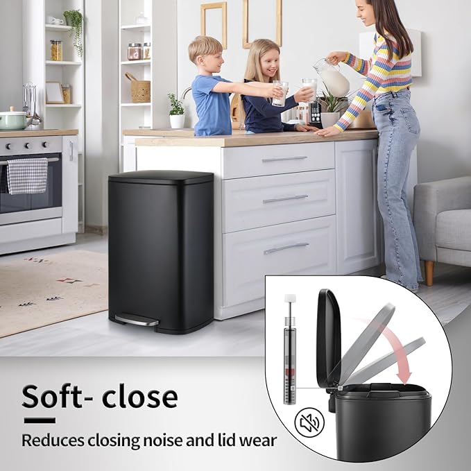 13.2+1.3 Gallon Trash Can Combo Set, Stainless Steel Garbage Bin with Pedal, Removable Inner Waste Bucket, Anti-Fingerprint, Soft-Close Locking Lid Dustbin for Kitchen, Bathroom, Office