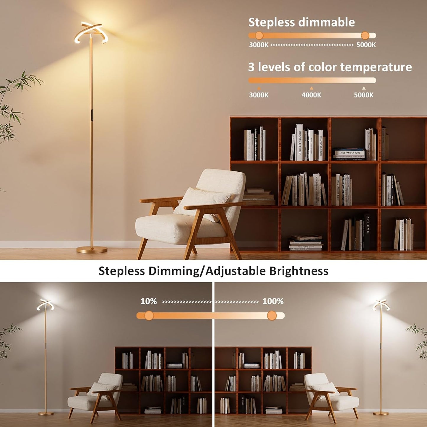 Floor Lamps for Living Room, 40W/2400LM LED Gold Floor Lamp with Touch & Remote Control, 70" Tall Standing Lamp Stepless Dimmable, Modern Torchiere Corner Lamp for Bedroom, Office- Gold