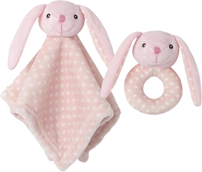 CREVENT Cozy Plush Baby Security Blanket Loveys for Baby Girls Boys, Stuffed Animal Ring Rattle Shaker Toy for Newborns (Bunny + Handbell)