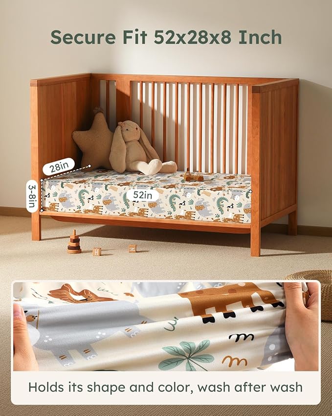 Baby Crib Sheets for Boys Girls, 28x52x8in Fitted Crib Sheet Neutral 3 Pack for Standard Crib and Toddler Mattress, Breathable Soft Microfiber Baby Sheet Green & Apricot Lion
