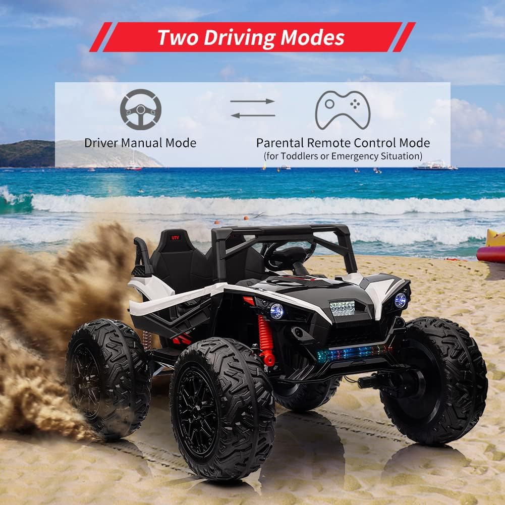 2 Seaters 24V Ride on UTV with Remote Control,10AH Battery, 400W Powerful Motors with 17" EVA Wheels, 20.5“ Seat Width Electric Ride Toy with Metal Suspension,LED Lights,Music,Horn (White)