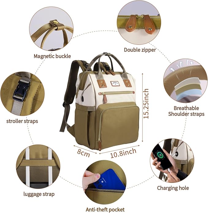 Diaper Bag Backpack: Tote Baby Bag for Boy and Girl, Large Mommy Bag Insulated Pockets Charger Holes for Men and Women, Nappy Bag for Baby Airplane Traveing Beige khaki