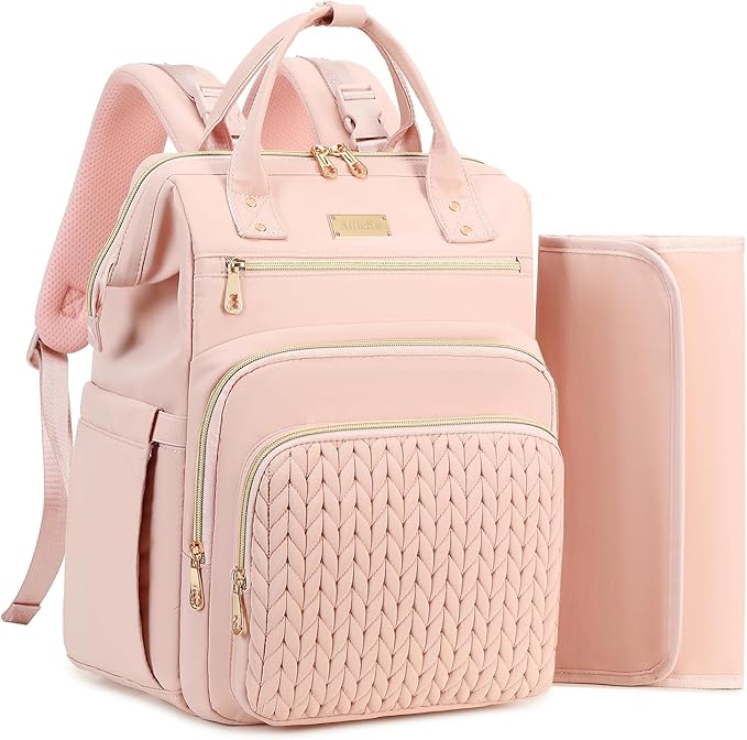AIJIEKE Diaper Bag, Large Wide-Open Baby Diaper Backpack, Multi-functional Baby Travel Tote Bag, Diaper Bag with Changing Pad, Diaper Bags for Mom & Maternity (Pink)