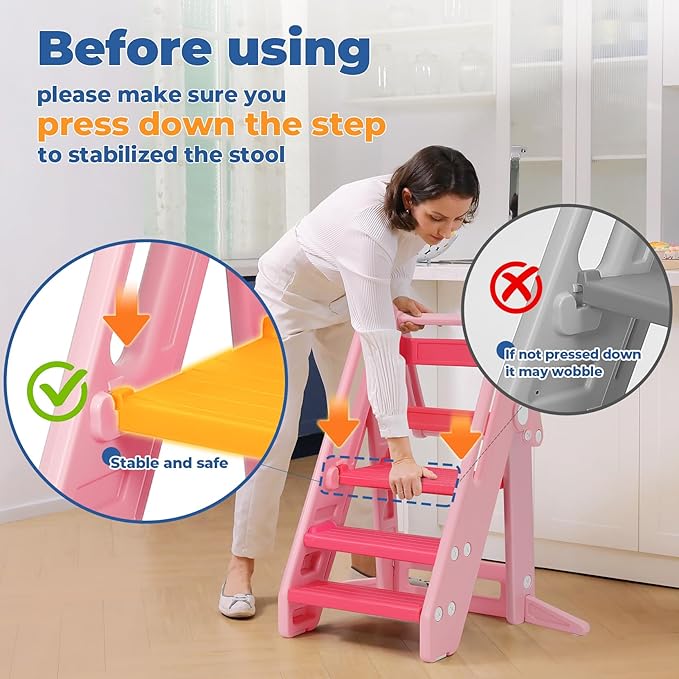 Onasti Toddler Tower Kitchen Stool Helper, Foldable & Adjustable Height Kids Learning Stool for Kitchen Counter Bathroom Sink, Child Ladder for Toddlers with Handles, Safty Rail, Non-Slip Pads - Pink