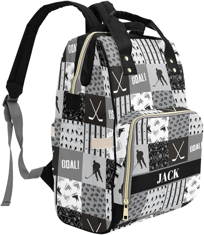 Custom Hockey Baby Diaper Bag with Name – Personalized Nursing Travel Tote Backpack for Mom or Dad, Custom Name Baby Daypack Gift