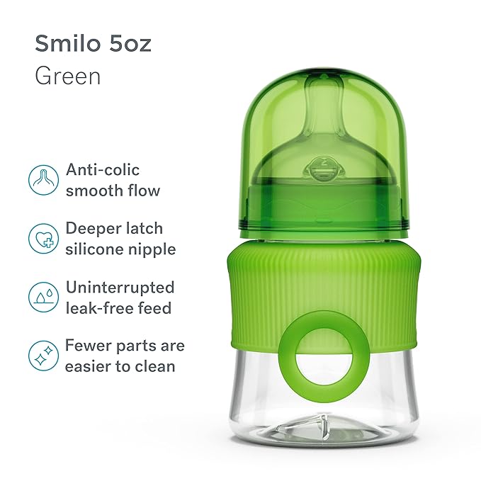 Smilo Baby Bottle Set with Stage 0 Slow Flow Anti Colic Nipple, 5 Oz / 150 ml Capacity, 3X Pack of Anti Colic Baby Bottles 0-3 Months - Green