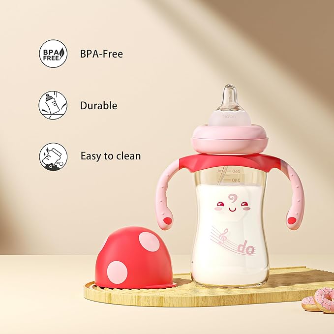 YOHKOH Natural PPSU Baby Bottle with Natural Response Nipple, Newborn Anti-Colic Baby Bottles with Handle, Wide Neck Mushroom Cap Baby Bottle (8.8oz (Pack of 4), Red1)