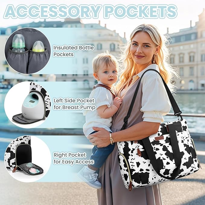 Diaper Bag Tote for Working Mom, Large Travel Diaper Tote for Mom and Dad with 14 Inch Laptop Sleeve, Mommy Maternity Travel Baby Bag for Boys and Girls, Cowprint