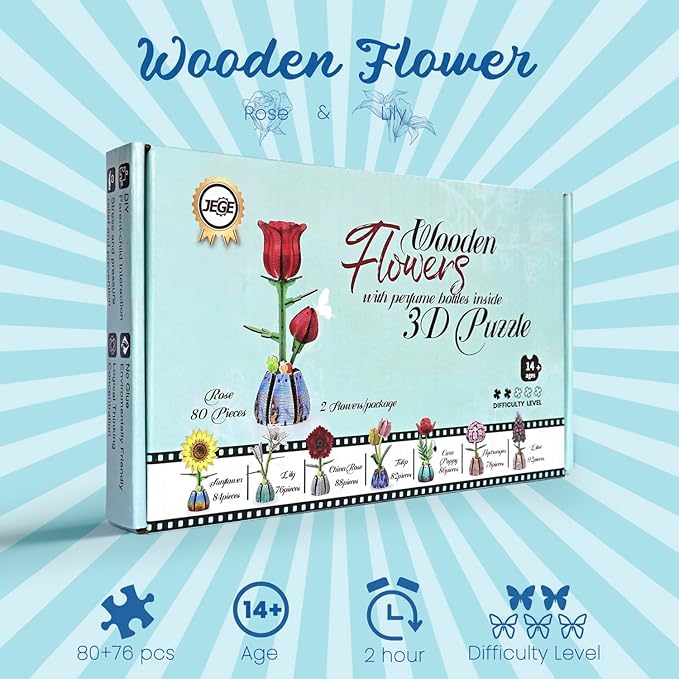 Jege 3D Flowers Wooden Puzzles for Adults,DIY Wooden 2 Flowers per Kit Building Set for Home Decor, Creative Craft Gift Toys Kits with 2 Perfume Bottles and Diffuser Sticks (Rose + Lily)