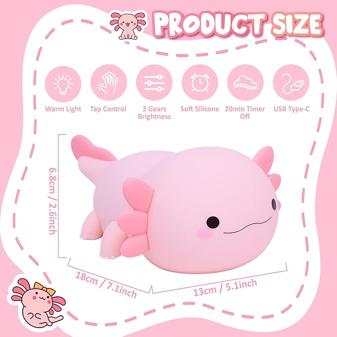 Lampeez Axolotl Gifts, Cute Axolotl Night Light, Soft Silicone Lamp Nursery Nightlight LED Touch Light, Bedroom Decor as Xmas Birthday Gift for Boys Girls