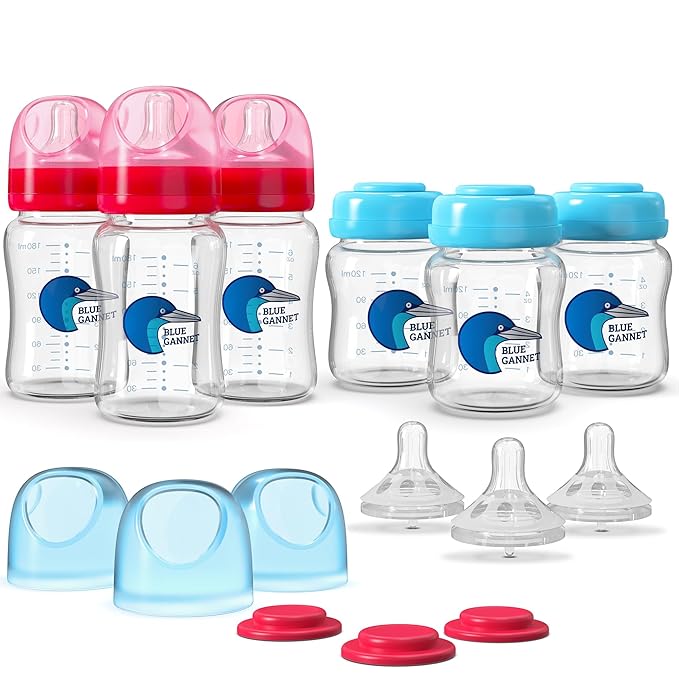 Multipurpose Anti-Colic Glass Baby Bottles with Slow Flow and Natural Flow Nipples, Breast Milk Collection and Storage Bottles, Wide-Neck Breast Pumps Compatible, 6-Pack (4oz, 6oz)