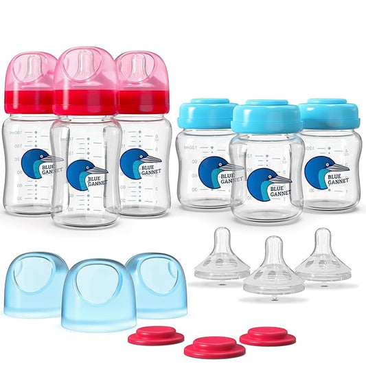 Multipurpose Anti-Colic Glass Baby Bottles with Slow Flow and Natural Flow Nipples, Breast Milk Collection and Storage Bottles, Wide-Neck Breast Pumps Compatible, 6-Pack (4oz, 6oz)