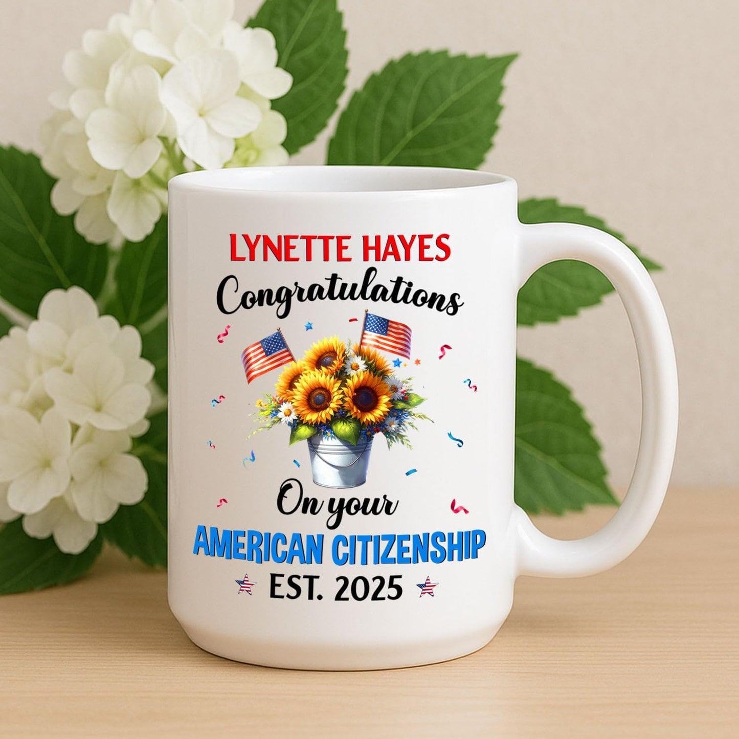 Congratulations On Your American Citizenship Coffee Mug, Custom Year/Name Sunflower & USA Flag Cup Gift For New US Citizen, Citizenship Celebration Coffee Cup 11 15Oz, Personalized US Citizen Mug