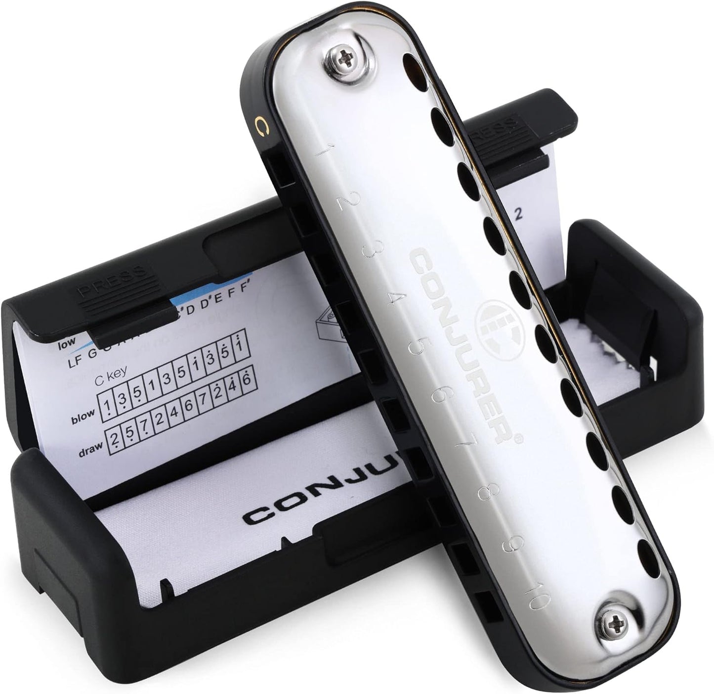 CONJURER Blues Harmonica for Kids Adult Beginners 10 Hole Diatonic Harmonica Key of C, Brass Reed Metal Mouth Organ C Key Blues Harp with Case, Black