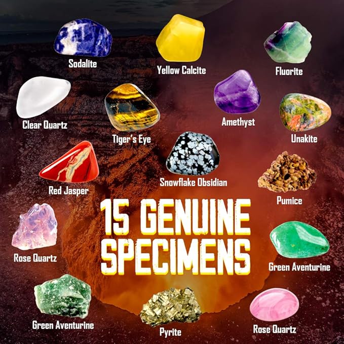 XXTOYS Rocks Collection - 15-Piece Rock Collections for Kids - Cool Geology Gem Kit with Identification Sheet - Gemstones Set Box with Learning Guide and Storage Case - Educational Gift for Kid
