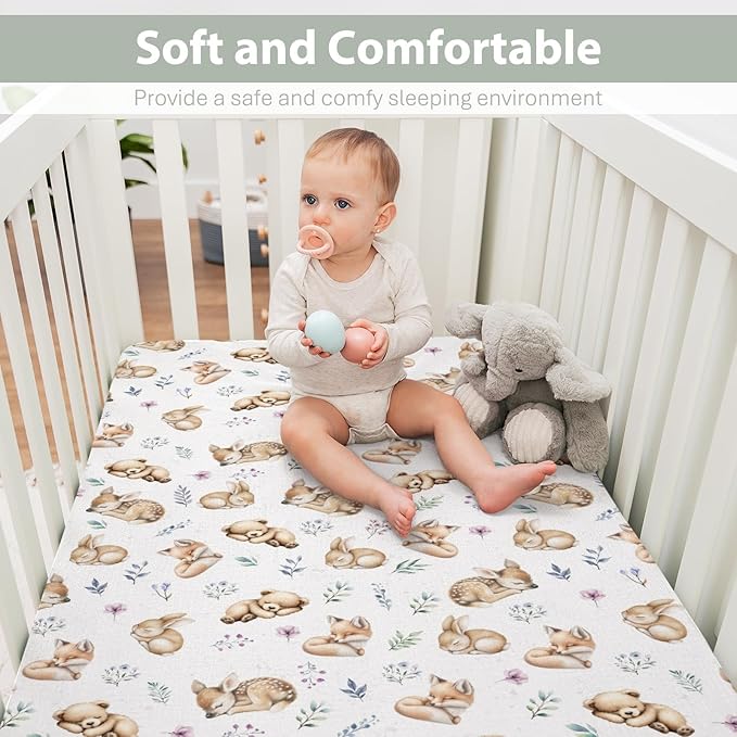 Sleeping Spring Animals Baby Crib Sheets Boy Girl 28"x52" Bear Deer Bunny Floral Leaves Soft Snug Fitted Crib Mattress Cover Cute Animals Baby Sheet for Standard Crib & Toddler Mattress