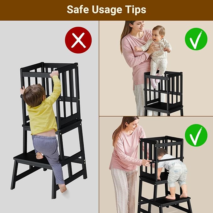 COSYLAND Kitchen Step Stool for Toddlers – Stable A-Frame Design Kids Standing Tower with Protective Crossbar – Wooden Learning Stool for Kitchen Island Counter, Bathroom (Black)