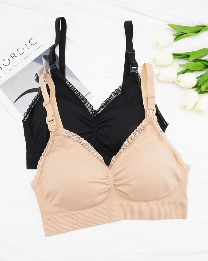 Stelle Lace Nursing Bras for Breastfeeding Seamless Pregnancy Maternity Wireless Bralette with Pads, Extenders