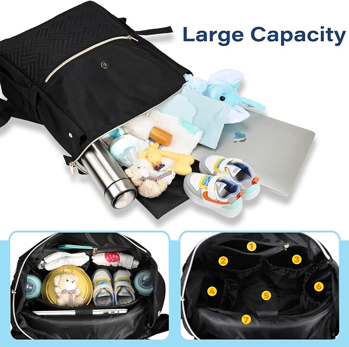 LANDICI Diaper Bag Backpack, Multifunction Waterproof Baby Diaper Bags with Changing Pad, Stroller Straps, Travel Essentials Stylish Back Pack for Mom Dad Boy Girls Toddler, Black